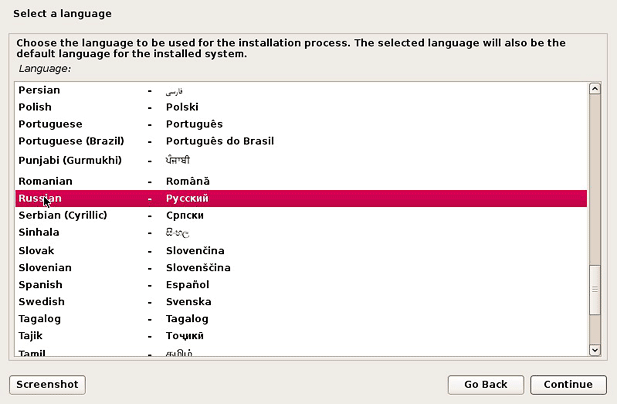 Выбор языка Debian 8